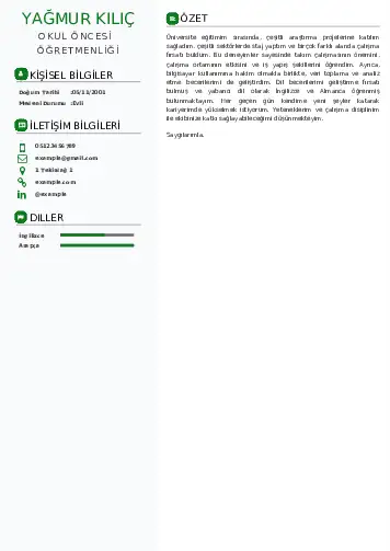 Okul Öncesi Öğretmeni Öğretmenliği Cv Örnekleri cv indir